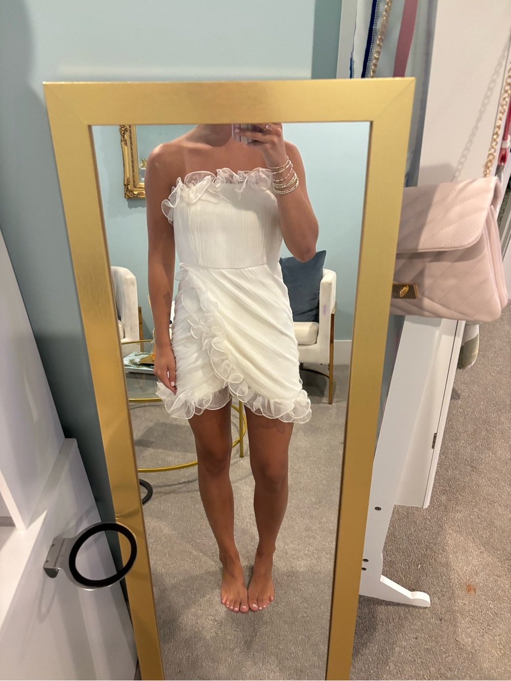 Blue Blush Strapless White Ruffle Mini Dress